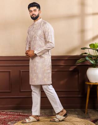 Lavender color art silk fabric stylish fancy partywear kurta payjama for men's 4