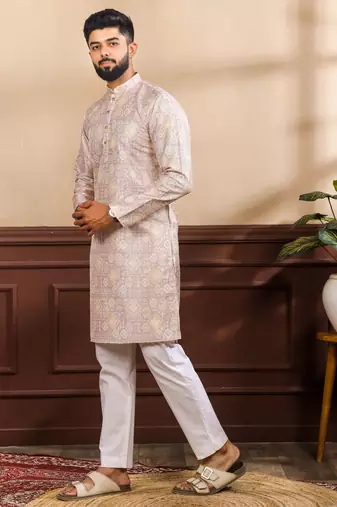Lavender color art silk fabric stylish fancy partywear kurta payjama for men's