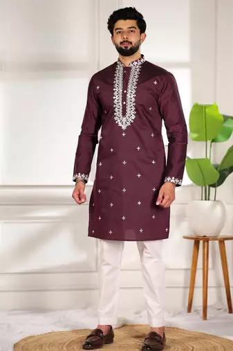 Wine color stylish cotton fabric ethnic traditional rich kurta payjama for men