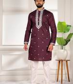 Wine color stylish cotton fabric ethnic traditional rich kurta payjama for men