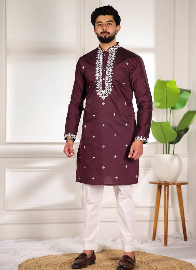 Wine color stylish cotton fabric ethnic traditional rich kurta payjama for men