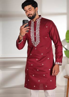 Mahroon color stylish cotton fabric ethnic traditional rich kurta payjama for men 3