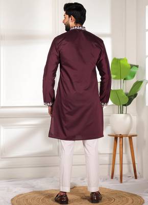 Wine color stylish cotton fabric ethnic traditional rich kurta payjama for men 2