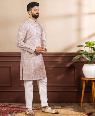 Lavender color art silk fabric stylish fancy partywear kurta payjama for men's 5