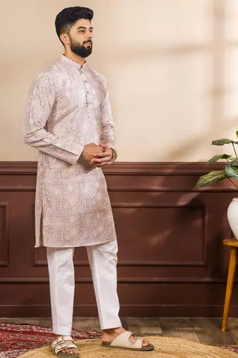 Lavender color art silk fabric stylish fancy partywear kurta payjama for men's