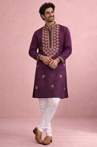 Wine color rolex silk fabric designer kurta payjama for men