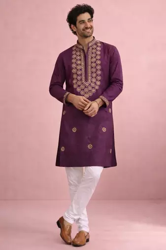 Wine color rolex silk fabric designer kurta payjama for men