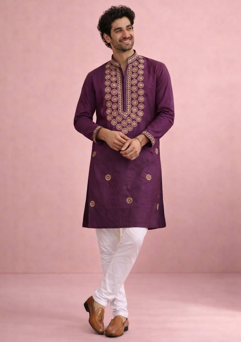 Wine color rolex silk fabric designer kurta payjama for men