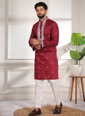 Mahroon color stylish cotton fabric ethnic traditional rich kurta payjama for men 4