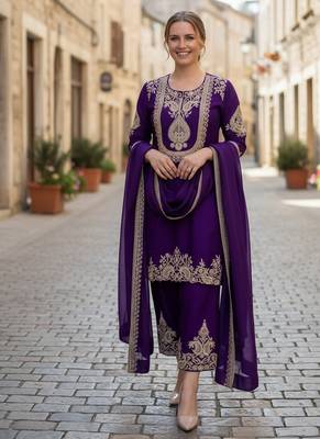 Blue chinon embroidered a-line kurti set with pant & dupatta 3