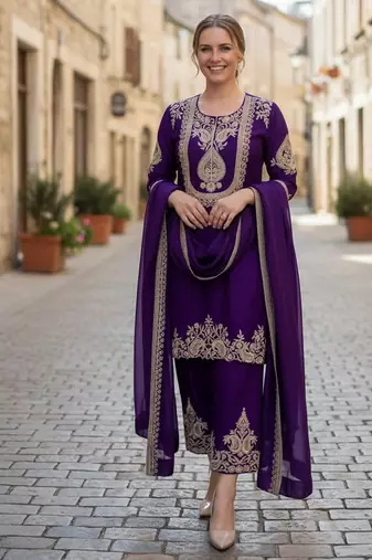 Blue chinon embroidered a-line kurti set with pant & dupatta