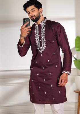 Wine color stylish cotton fabric ethnic traditional rich kurta payjama for men 3