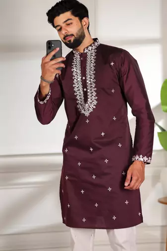 Wine color stylish cotton fabric ethnic traditional rich kurta payjama for men