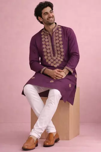 Wine color rolex silk fabric designer kurta payjama for men