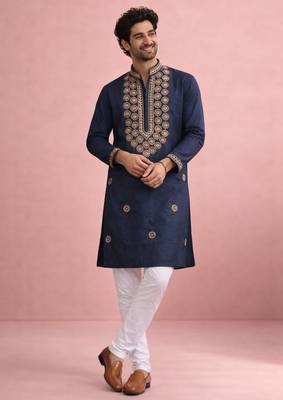Navy blue color rolex silk fabric designer kurta payjama for men 1