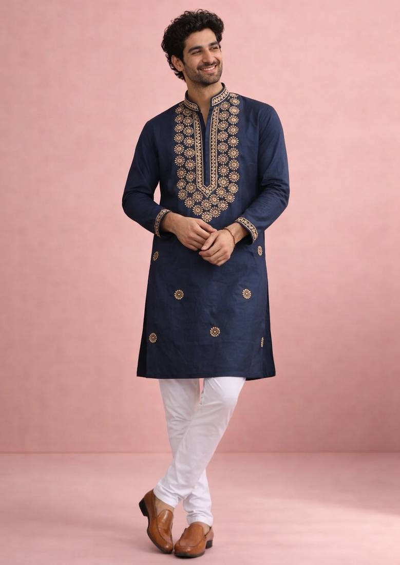 Navy blue color rolex silk fabric designer kurta payjama for men