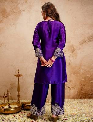 Blue chinon embroidered a-line kurti set with pant & dupatta 4