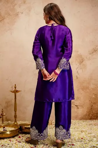 Blue chinon embroidered a-line kurti set with pant & dupatta