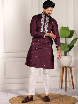 Wine color stylish cotton fabric ethnic traditional rich kurta payjama for men 4