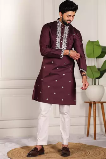 Wine color stylish cotton fabric ethnic traditional rich kurta payjama for men