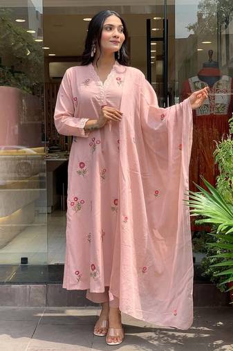Peach p.v. chanderi embroidered kurti set with bottom & dupatta