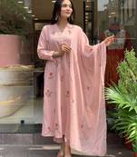 Peach p.v. chanderi embroidered kurti set with bottom & dupatta