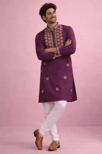 Wine color rolex silk fabric designer kurta payjama for men
