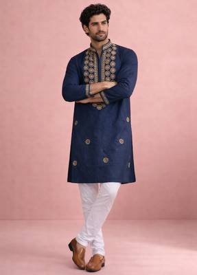Navy blue color rolex silk fabric designer kurta payjama for men 3