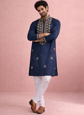 Navy blue color rolex silk fabric designer kurta payjama for men 4