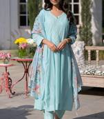 Embroidered p.v. chanderi kurti set with bottom & taby dupatta