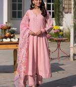 Embroidered p.v. chanderi kurti set with bottom & taby dupatta