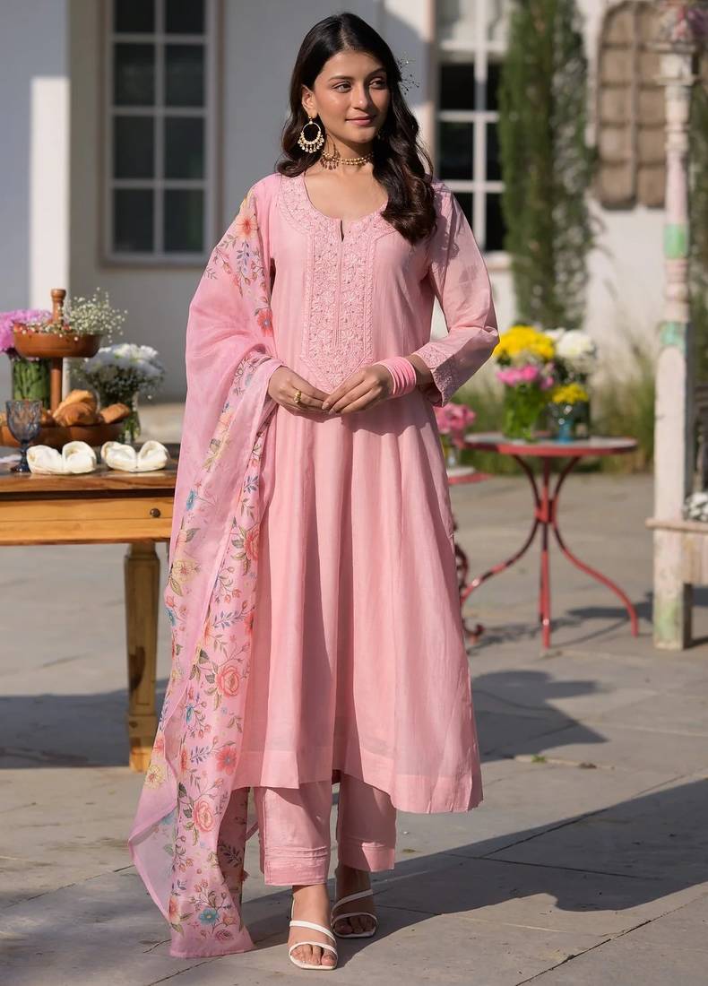 Embroidered p.v. chanderi kurti set with bottom & taby dupatta