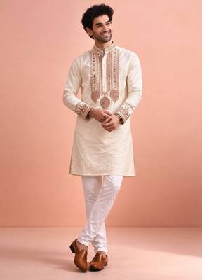 Cream color rolex silk fabric designer kurta payjama for men 1