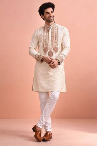 Cream color rolex silk fabric designer kurta payjama for men