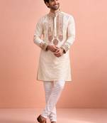Cream color rolex silk fabric designer kurta payjama for men