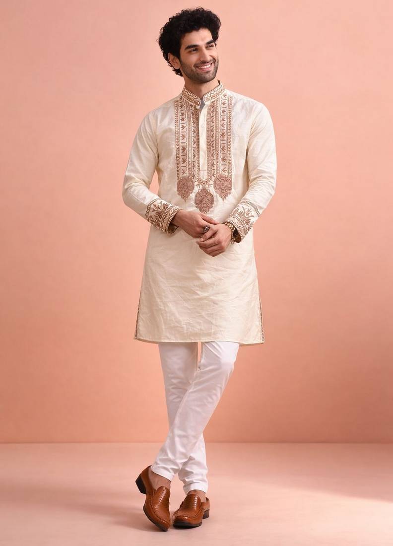 Cream color rolex silk fabric designer kurta payjama for men