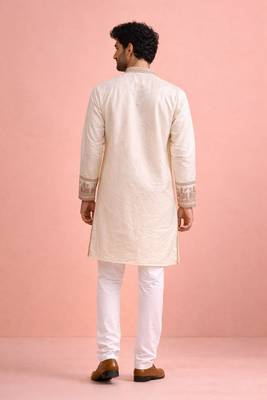 Cream color rolex silk fabric designer kurta payjama for men 2