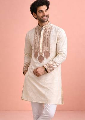 Cream color rolex silk fabric designer kurta payjama for men 3