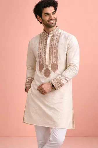 Cream color rolex silk fabric designer kurta payjama for men