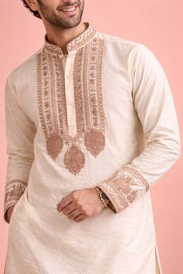 Cream color rolex silk fabric designer kurta payjama for men 4