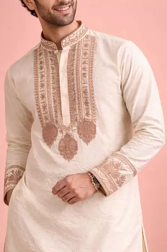 Cream color rolex silk fabric designer kurta payjama for men