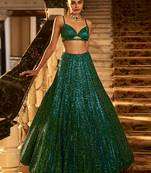 DarkGreen Net Heavy Embroidery Sequence work Bridal Lehenga Choli with Dupatta For Women