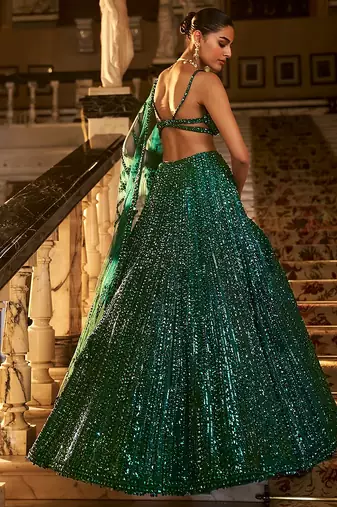 DarkGreen Net Heavy Embroidery Sequence work Bridal Lehenga Choli with Dupatta For Women