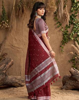 Maroon linen cotton woven meena rich pallu border saree 3
