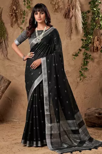 Black color linen cotton fabric woven meena rich pallu border designer saree
