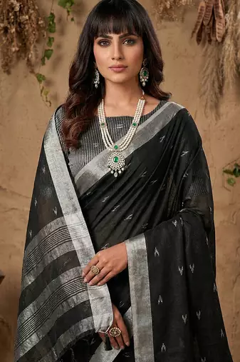 Black linen cotton woven meena rich pallu border saree