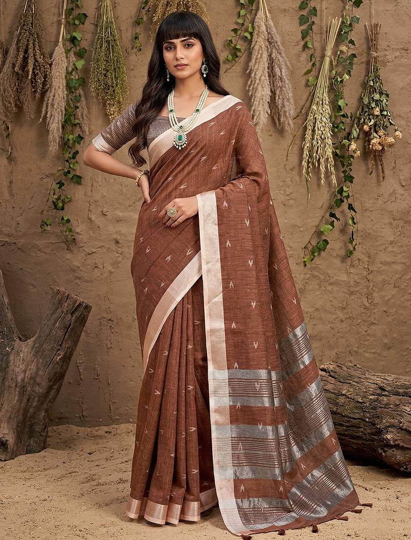 Brown color linen cotton fabric woven meena rich pallu border designer saree