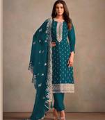 Turquoise organza embroidery work designer salwar suit