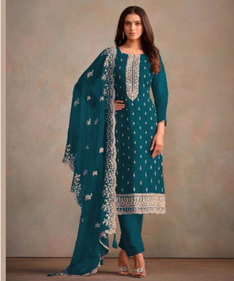 Turquoise organza embroidery work designer salwar suit