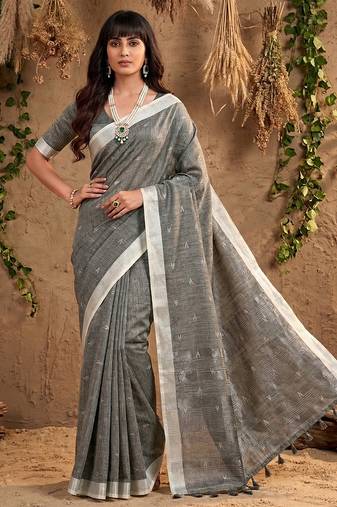 Grey color linen cotton fabric woven meena rich pallu border designer saree